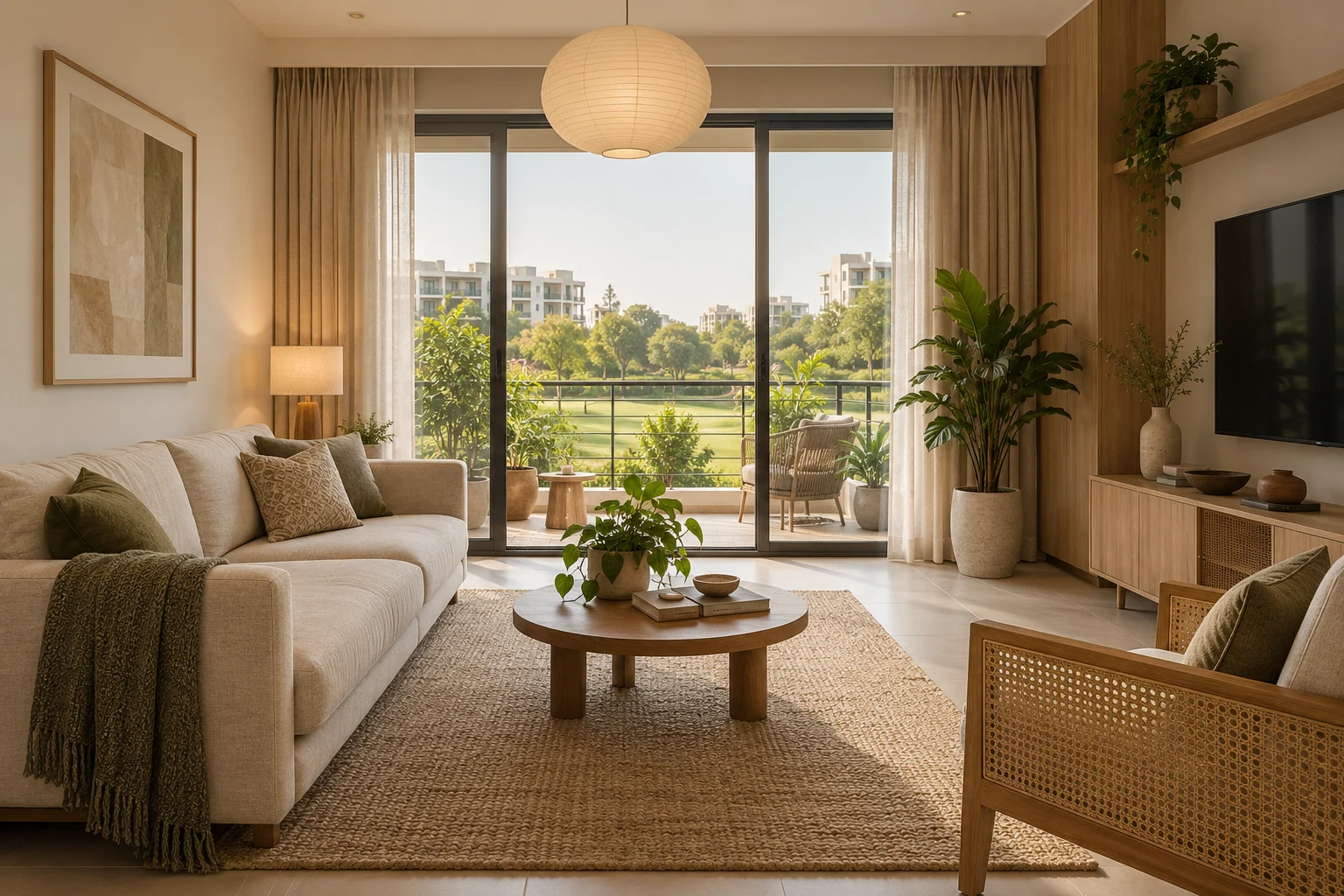 Compact living room with warm timber, textured seating and layered interior details