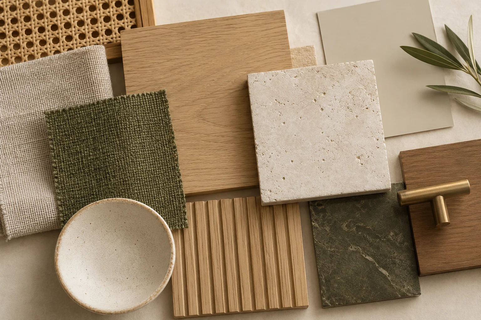 Timber, textured fabric and stone samples illustrating a layered material palette