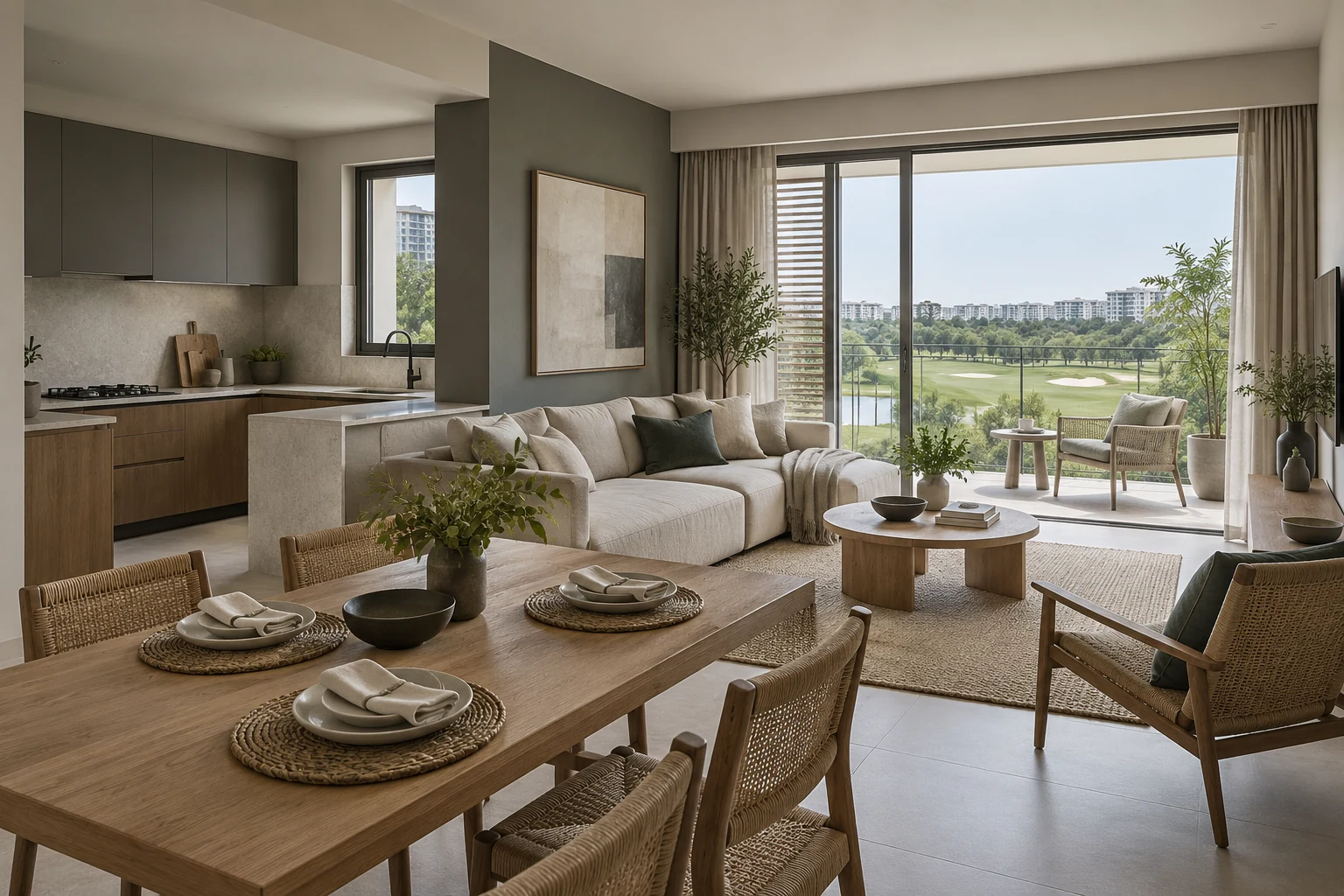 Chalk & Charcoal Japandi condo living, dining and kitchen