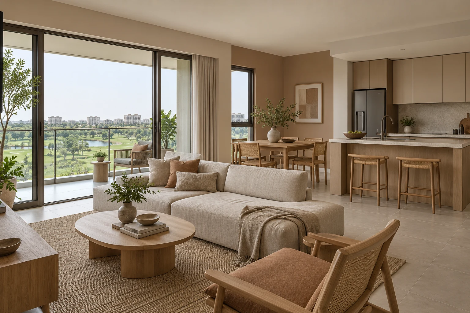 Clay & Linen Japandi condo living, dining and kitchen