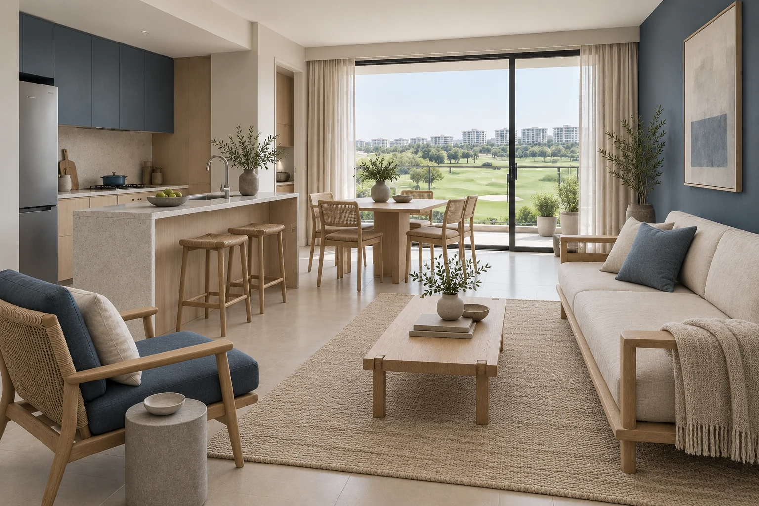 Indigo & Flax Japandi condo living, dining and kitchen