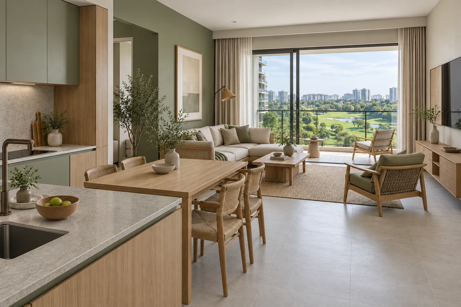 Moss & Timber Japandi condo living, dining and kitchen