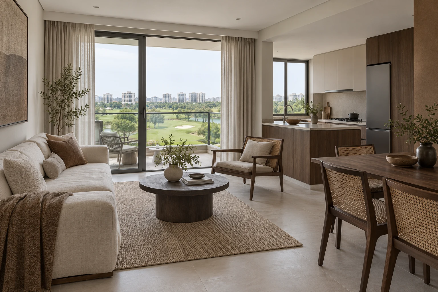 Umber & Rice Japandi condo living, dining and kitchen