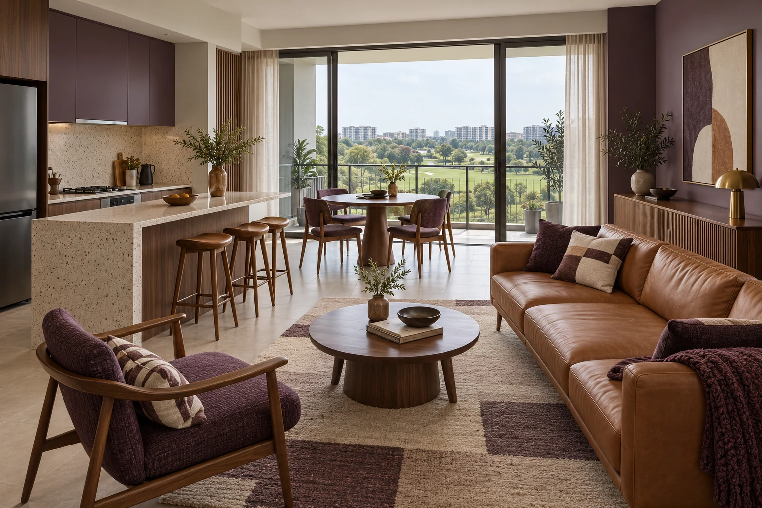 Aubergine & Cognac Mid-Century Modern condo living, dining and kitchen