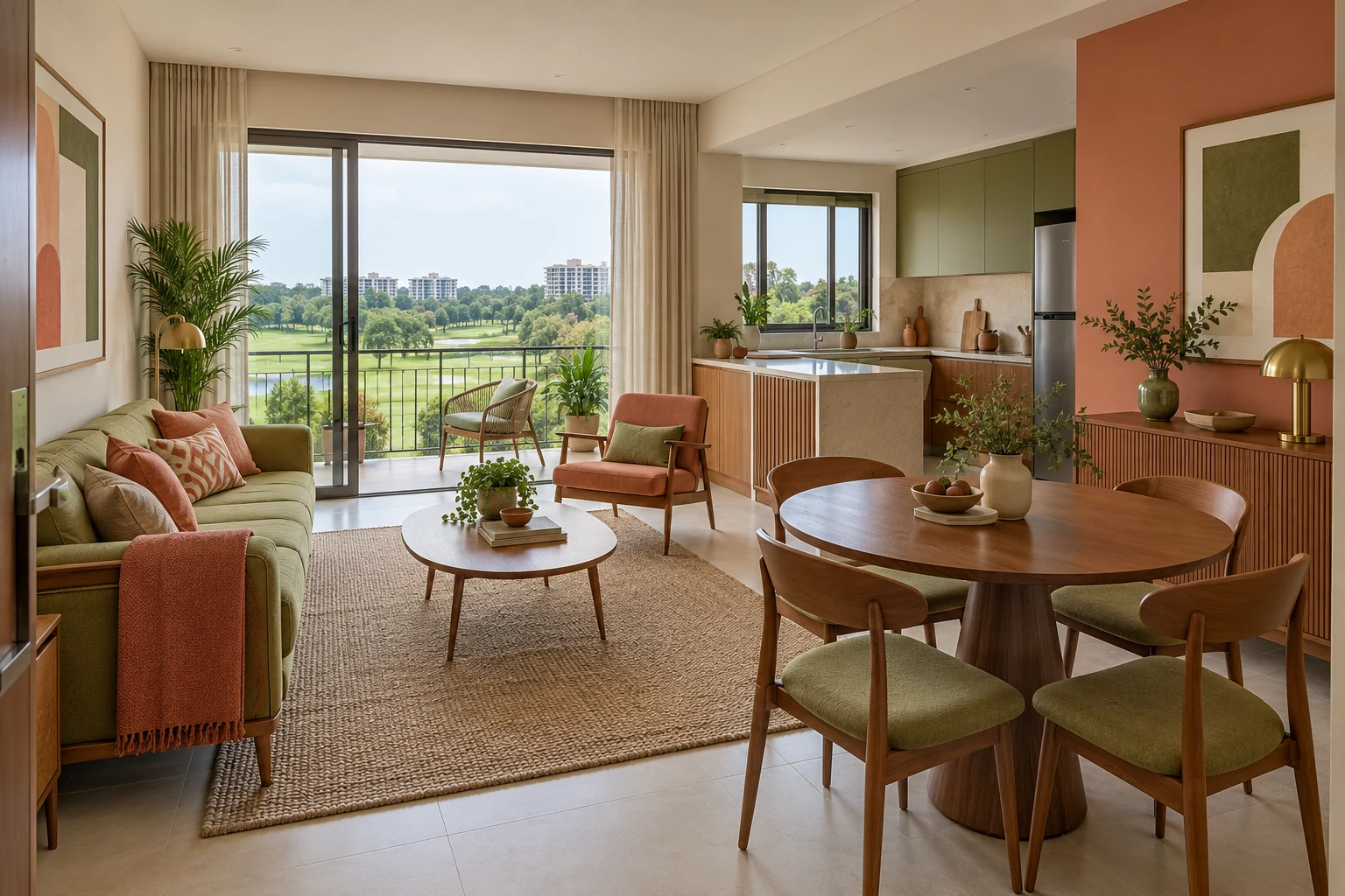 Avocado & Coral Mid-Century Modern condo living, dining and kitchen