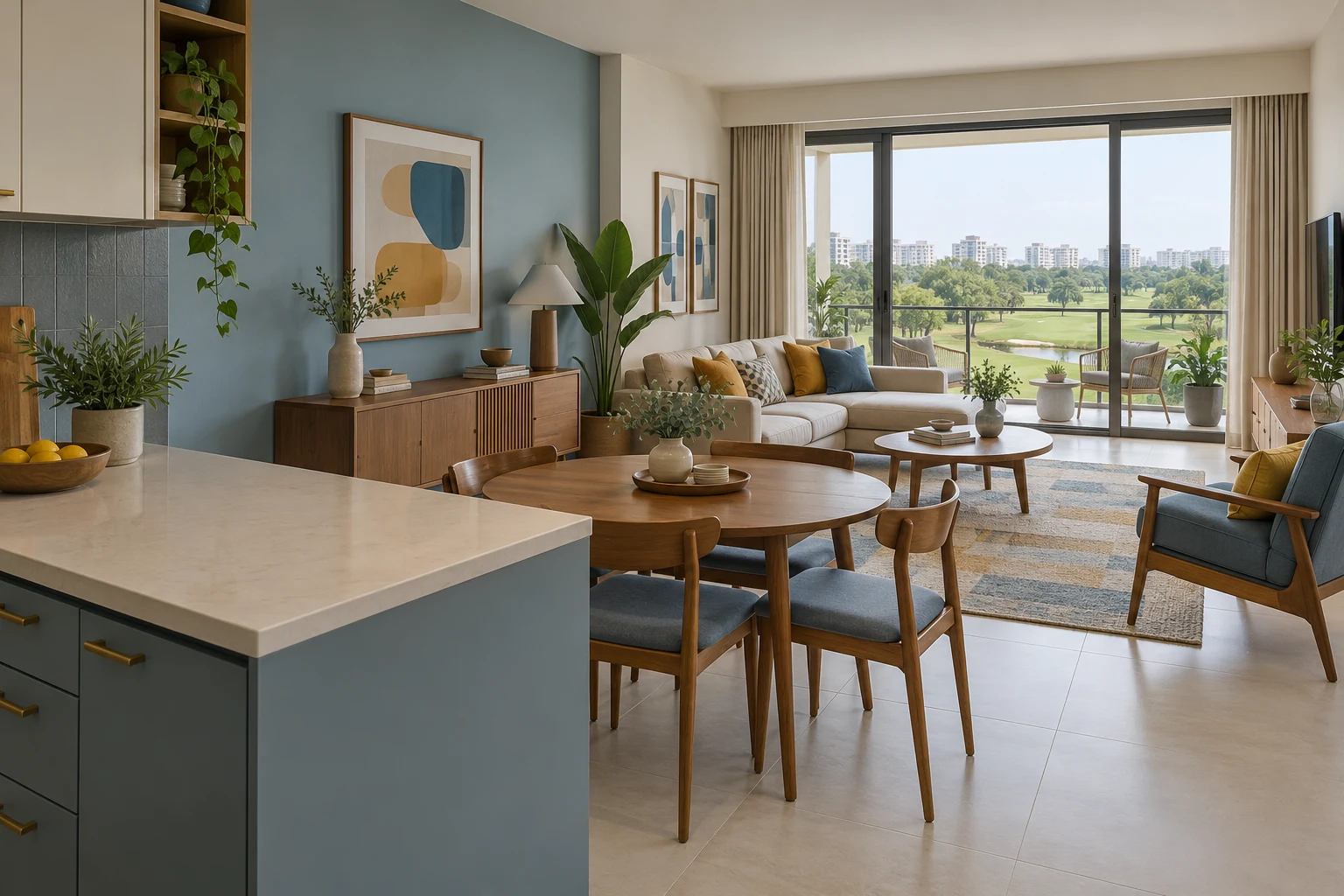 Blue & Honey Mid-Century Modern condo living, dining and kitchen