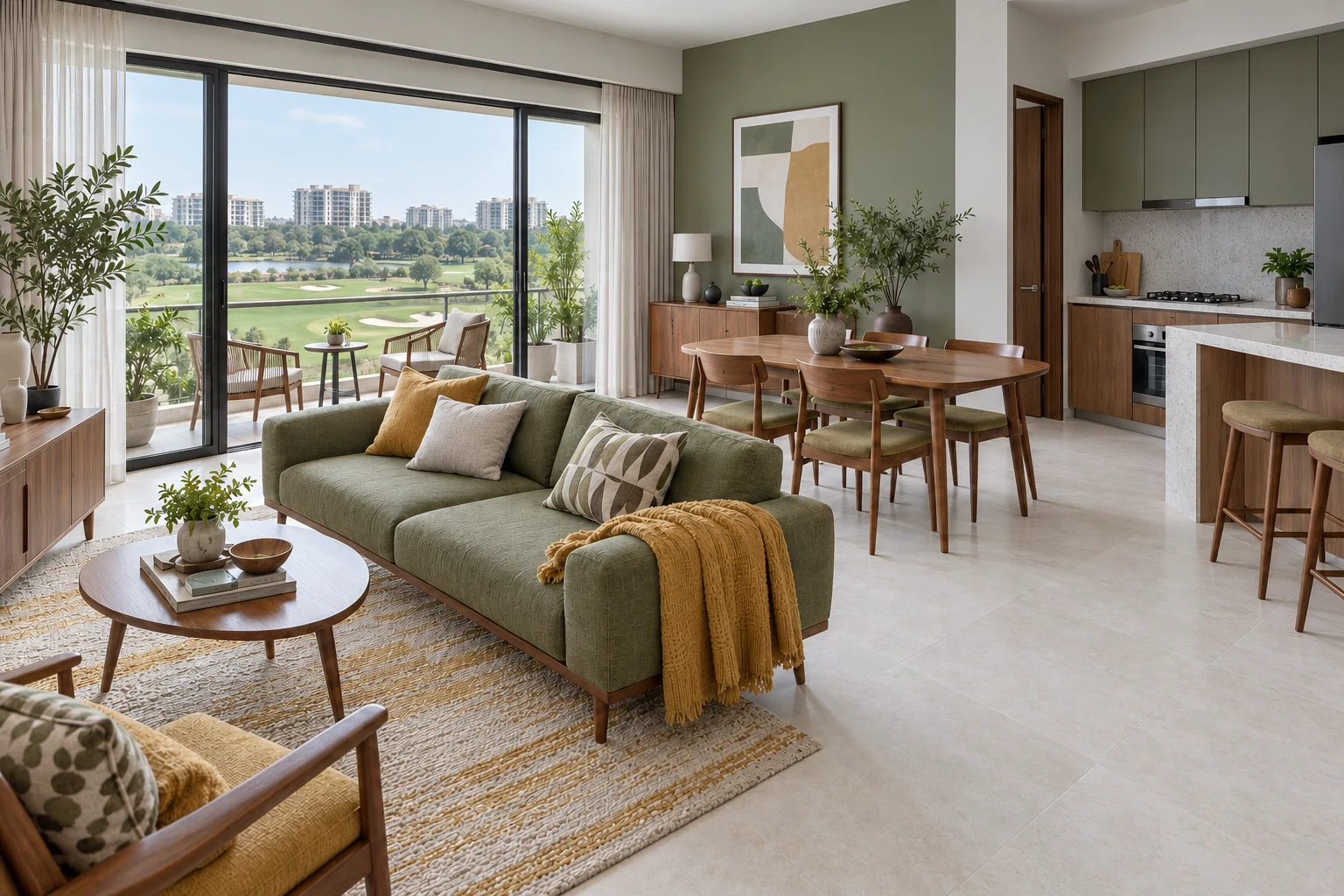 Olive & Mustard Mid-Century Modern condo living, dining and kitchen