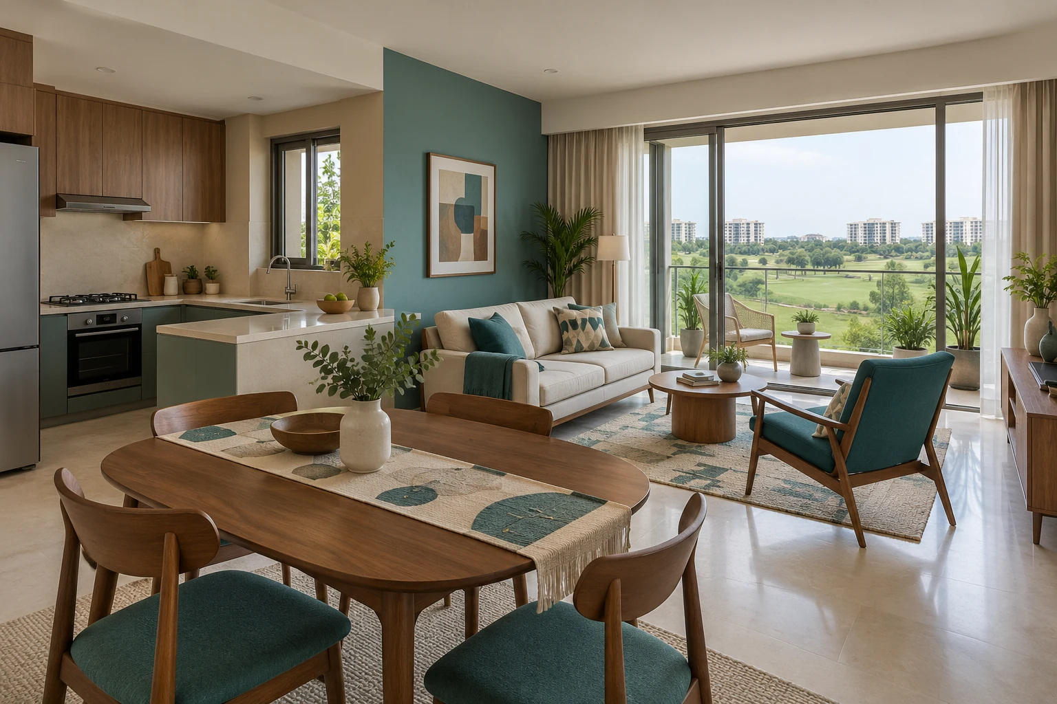 Teal & Walnut Mid-Century Modern condo living, dining and kitchen