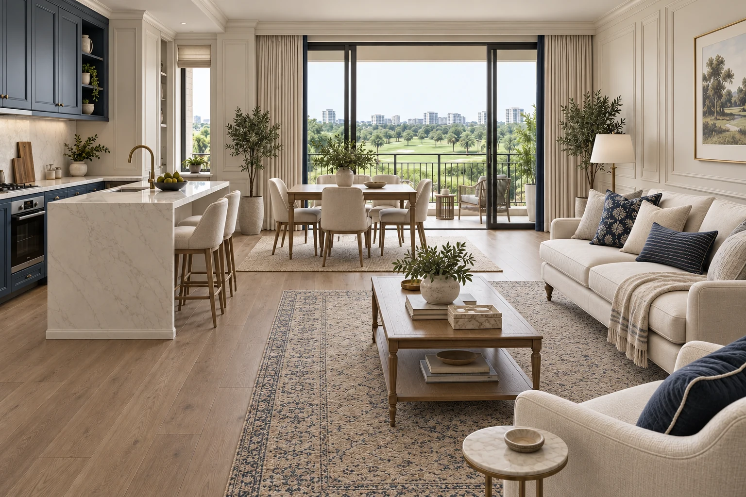 Butter & Navy Modern Classic condo living, dining and kitchen