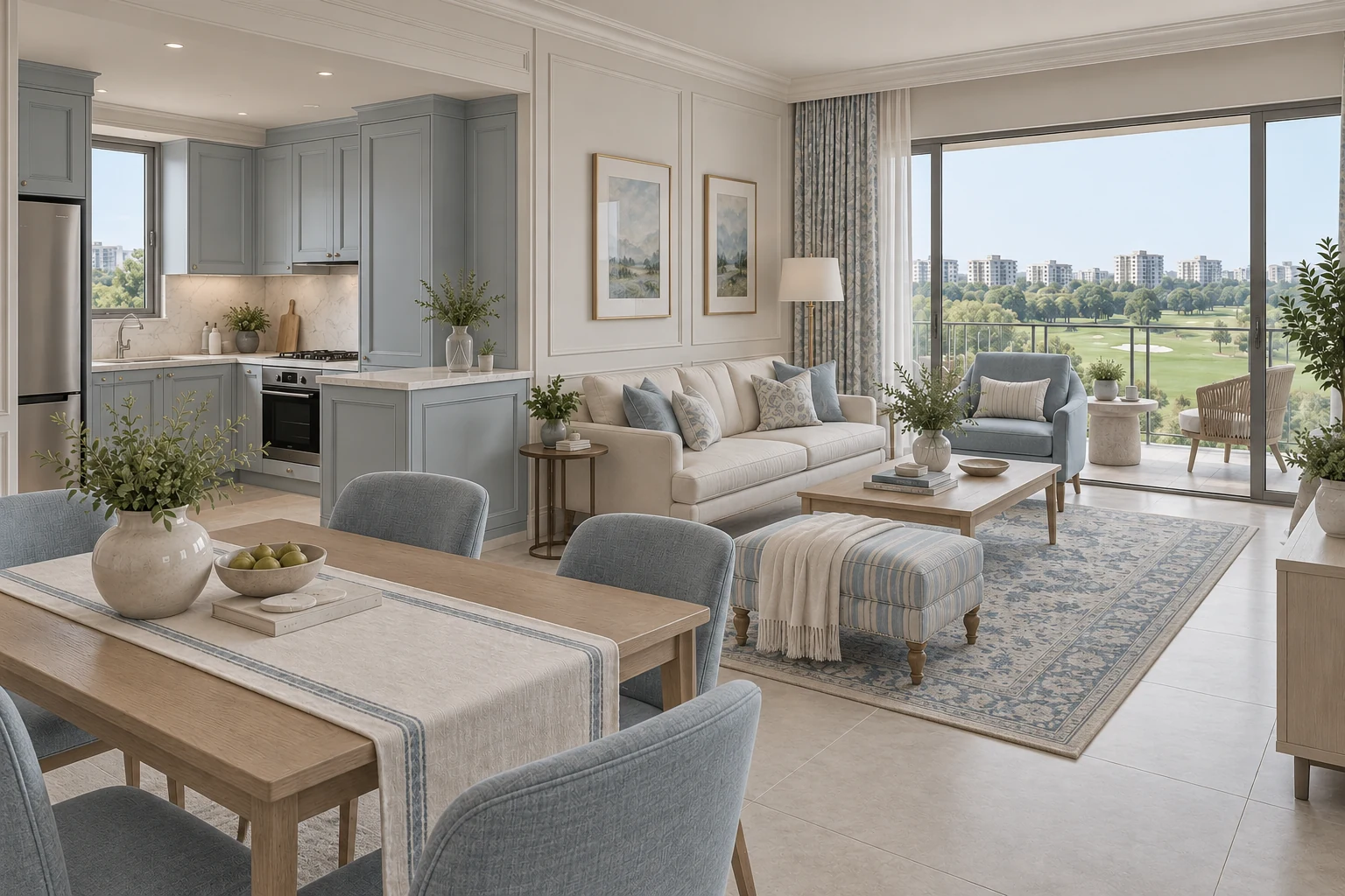 Cream & Powder Blue Modern Classic condo living, dining and kitchen