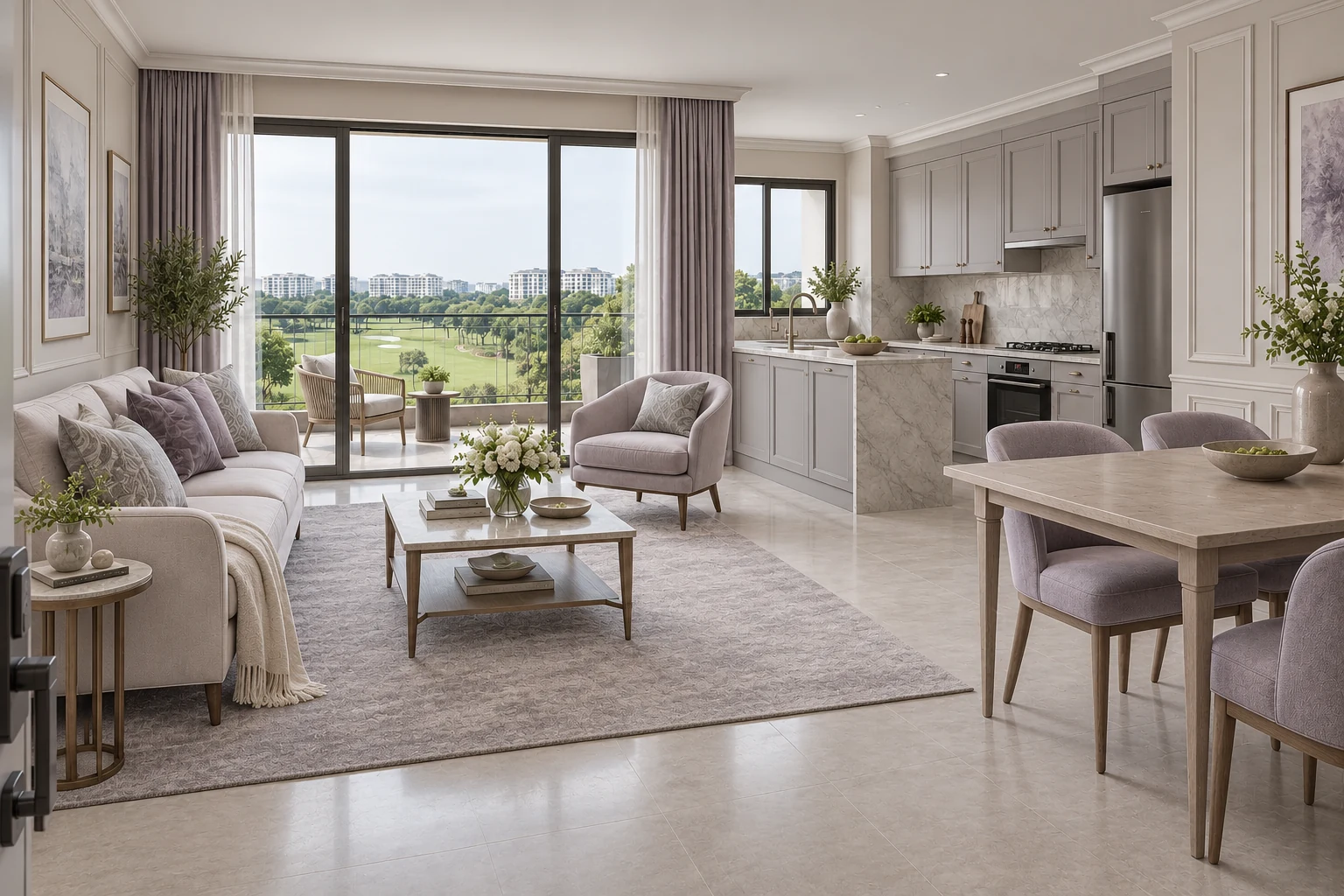 Lilac & Pewter Modern Classic condo living, dining and kitchen