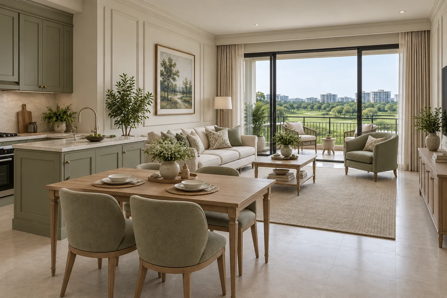 Olive & Ivory Modern Classic condo living, dining and kitchen