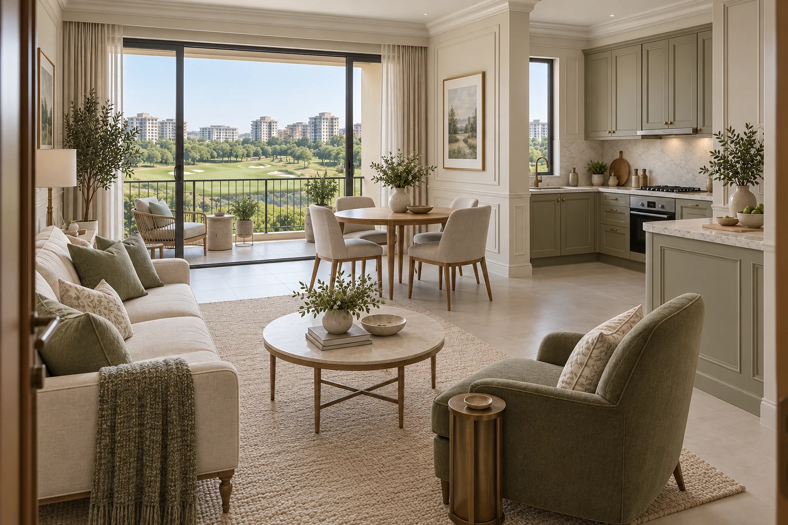 Ivory & Sage Modern Classic condo living, dining and kitchen