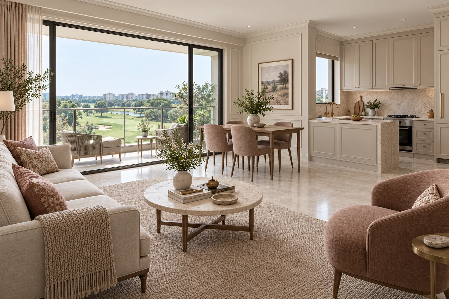Taupe & Rose Modern Classic condo living, dining and kitchen