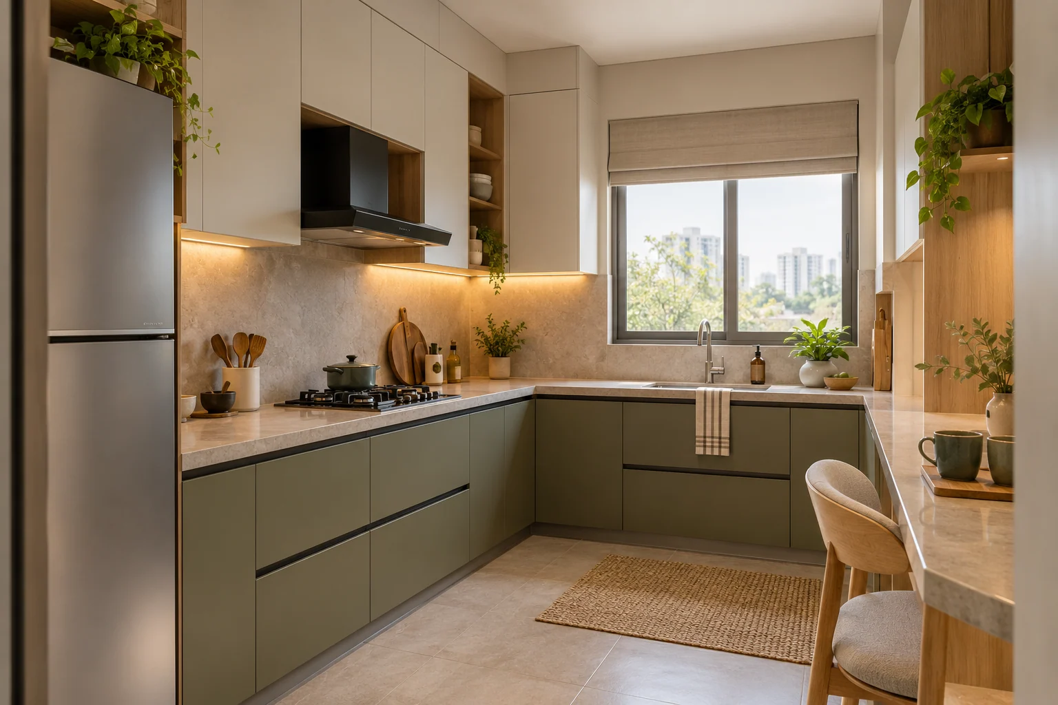 Compact kitchen with clean cabinetry, practical worktops and simple finishes