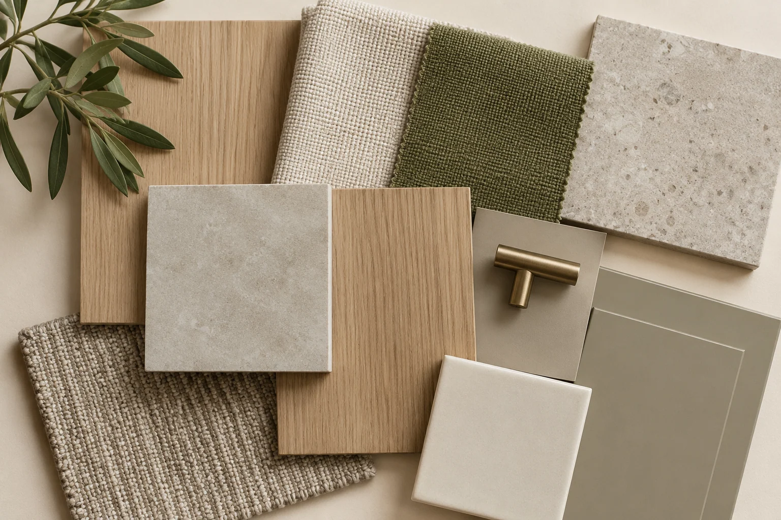 Neutral surface, timber and fabric samples illustrating a simple material palette