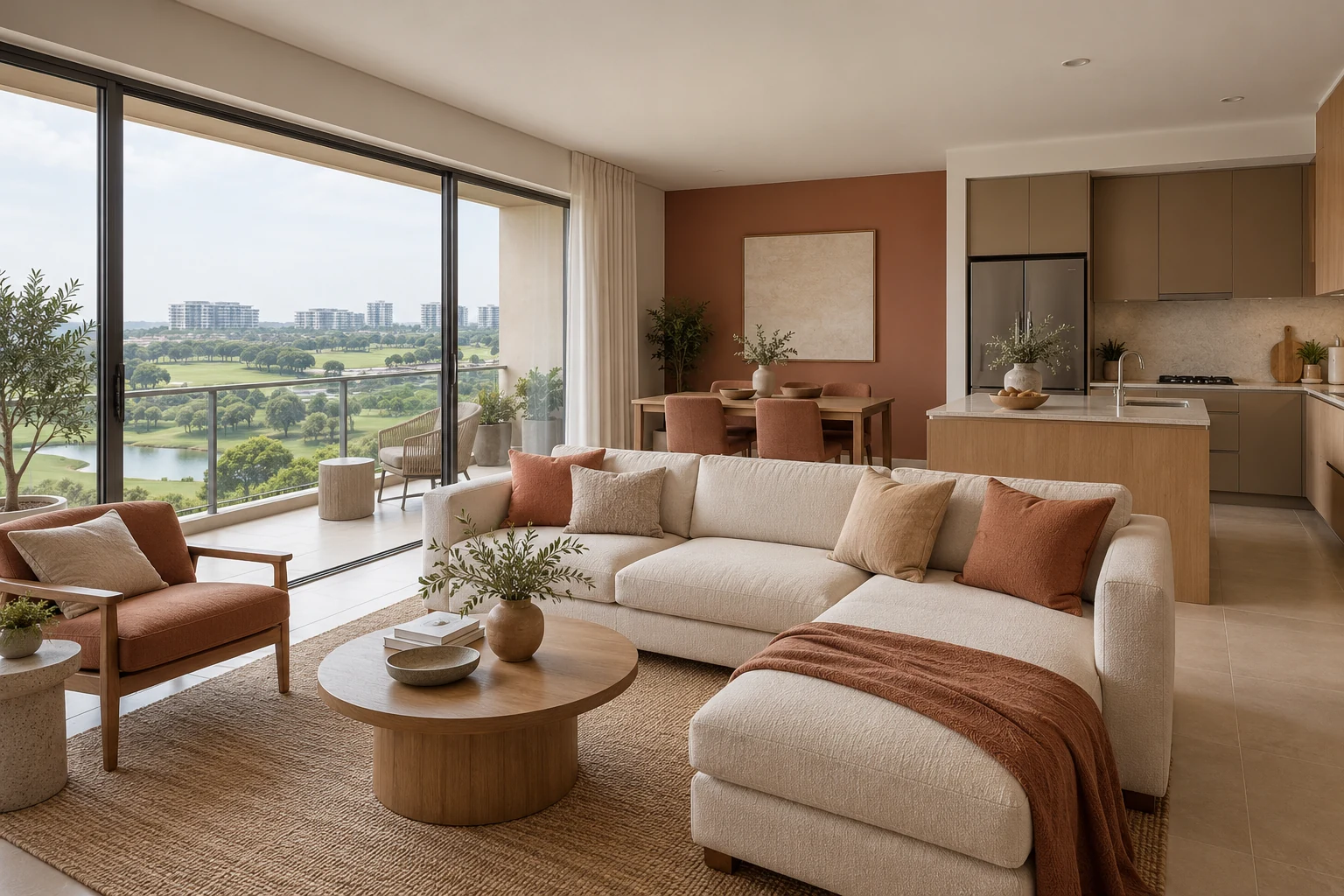 Sand & Clay Modern Contemporary condo living, dining and kitchen