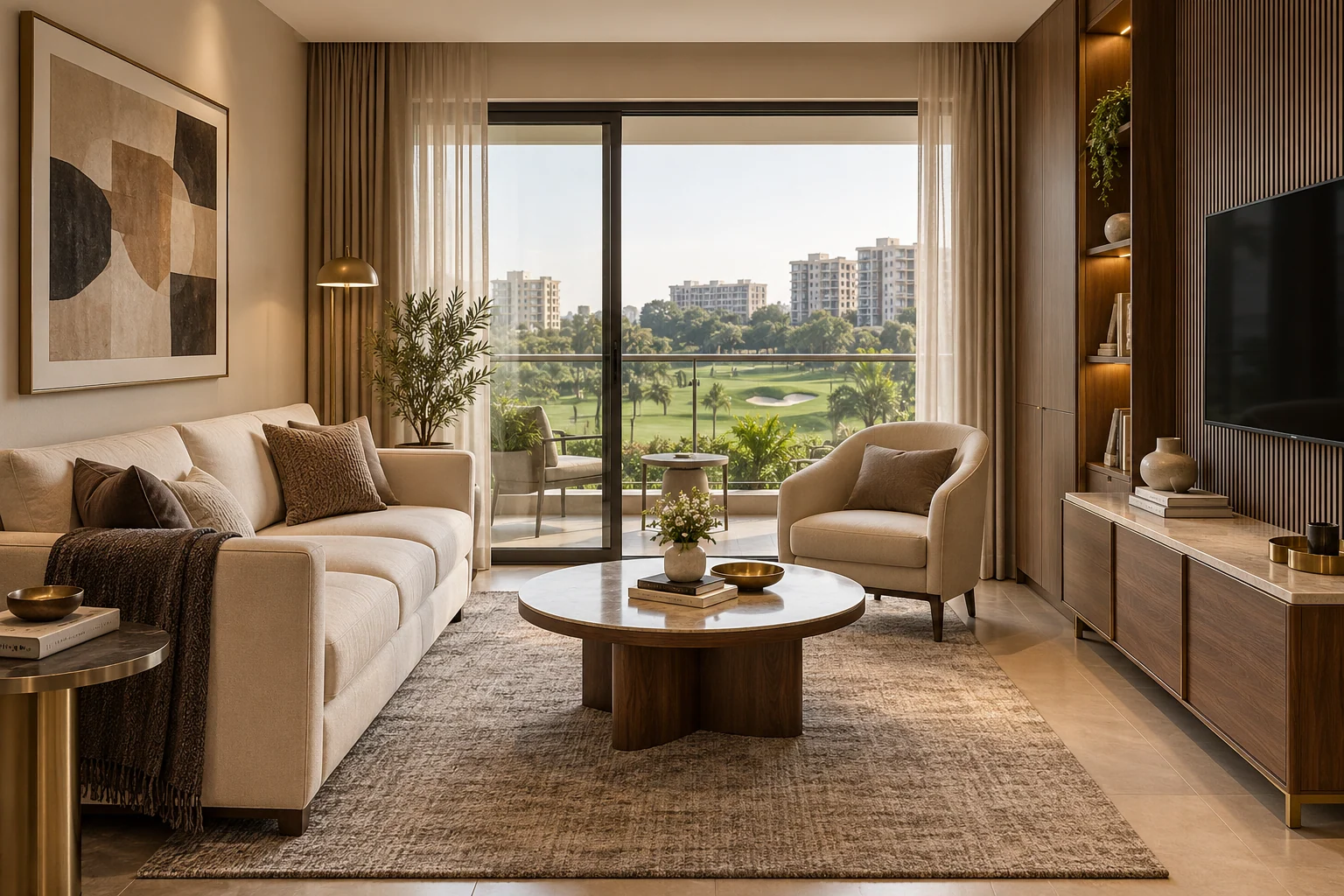 Compact living room with distinctive stone, warm timber and individually detailed furniture