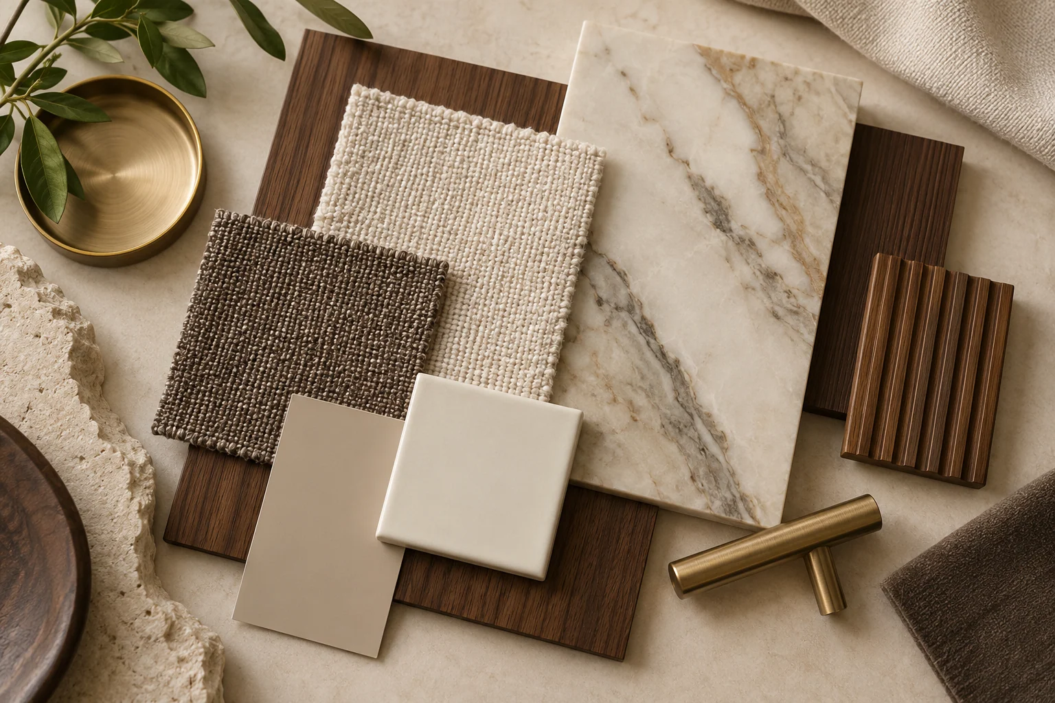Stone, veneer, upholstery and metal samples illustrating a refined material palette