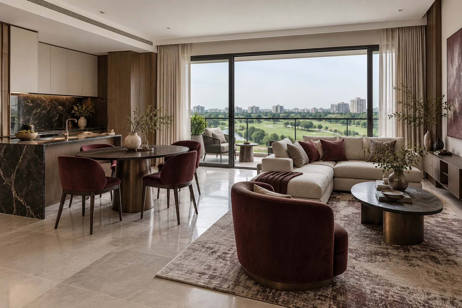 Burgundy & Onyx Modern Luxury condo living, dining and kitchen
