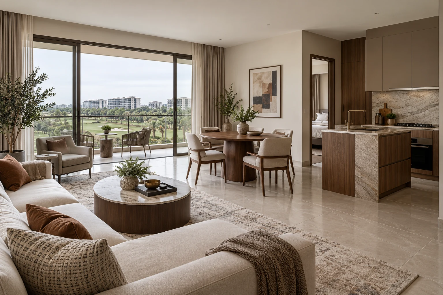 Walnut & Ivory Modern Luxury condo living, dining and kitchen