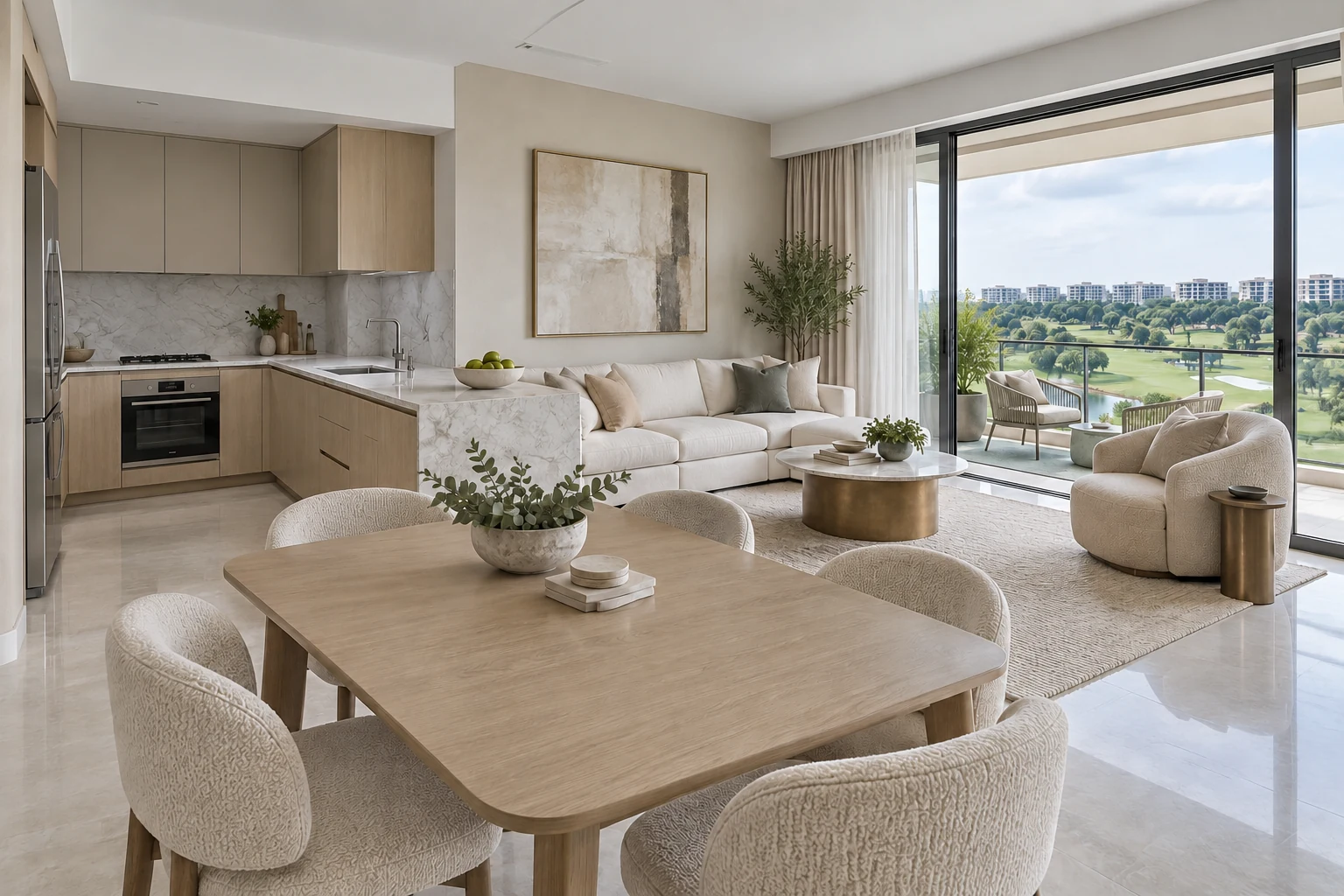 Pearl & Champagne Modern Luxury condo living, dining and kitchen