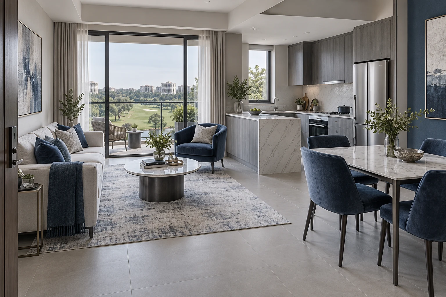 Sapphire & Silver Modern Luxury condo living, dining and kitchen