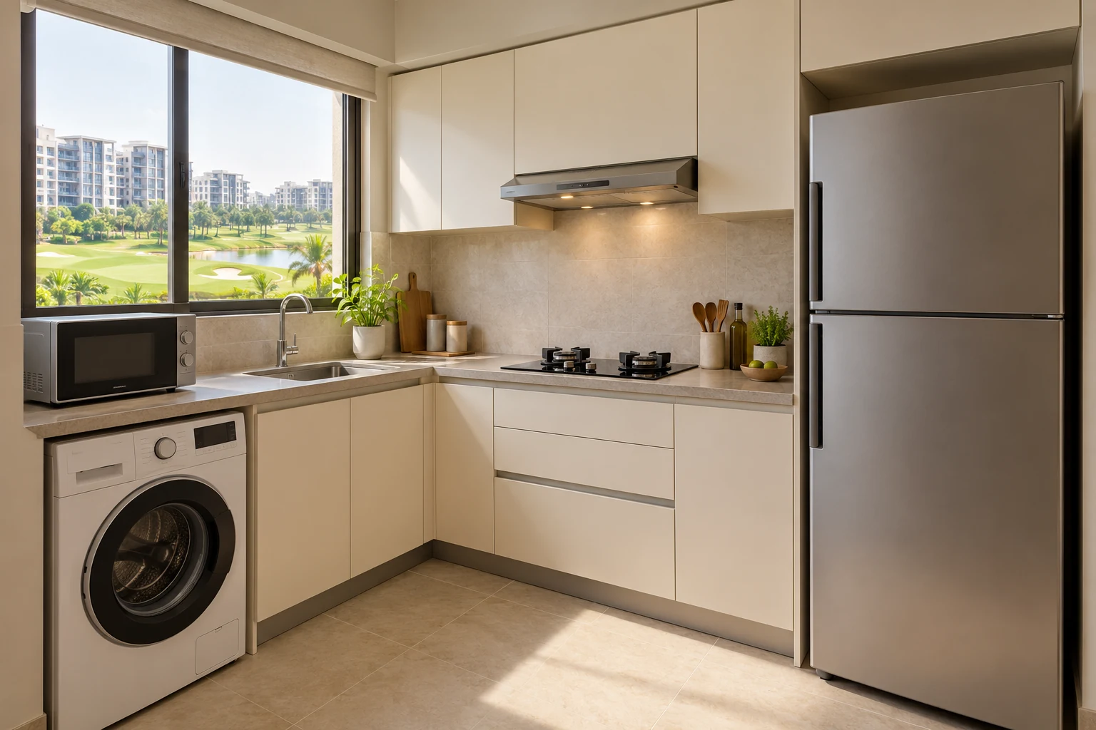 Compact condo utility kitchen with simple freestanding refrigerator, washing machine, hob and microwave