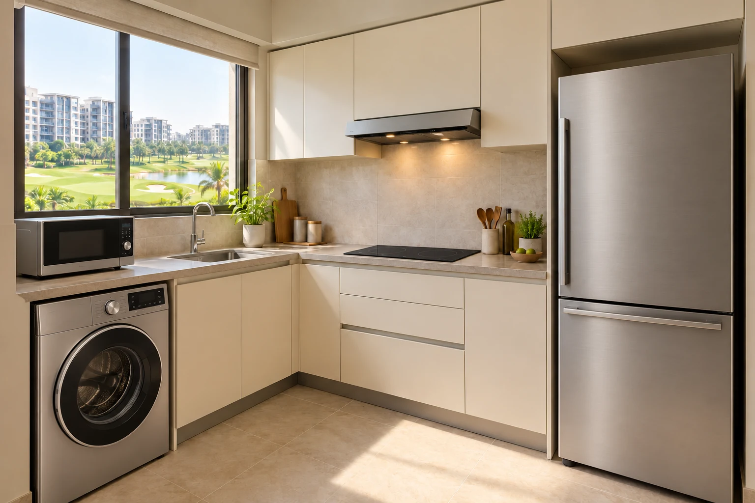 Same condo kitchen with selected appliance upgrades, coordinated finishes and more flexible cooking equipment