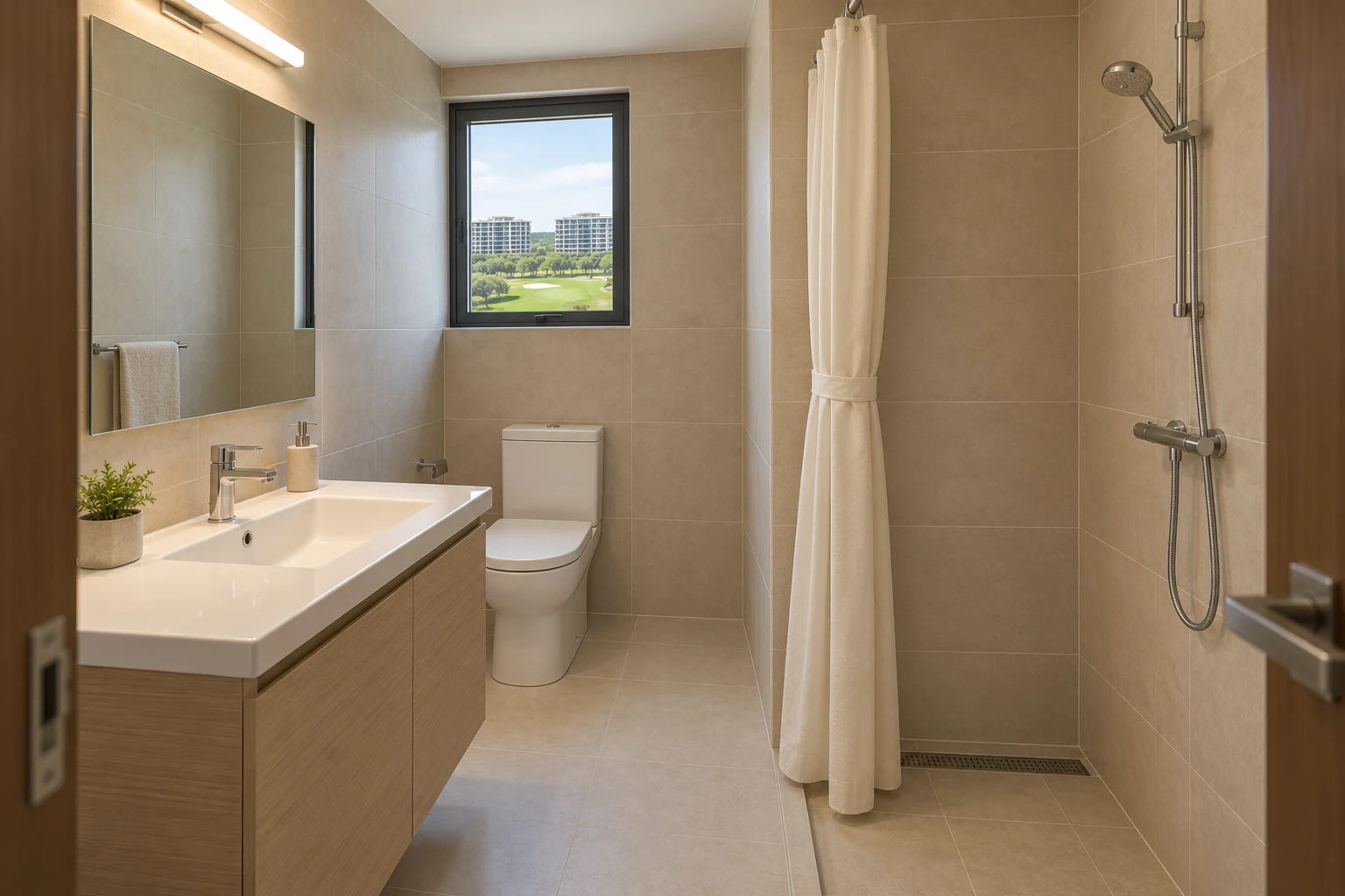 Compact golf-community condo bathroom with simple chrome fittings, plain mirror, floor-mounted WC and shower curtain