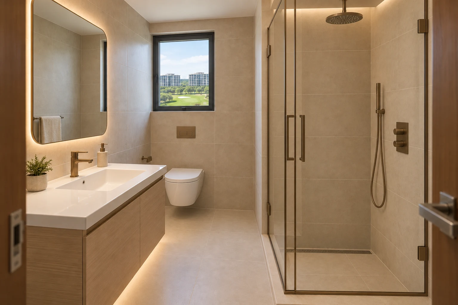 Same condo bathroom with coordinated premium fittings, a detailed mirror and glass shower enclosure