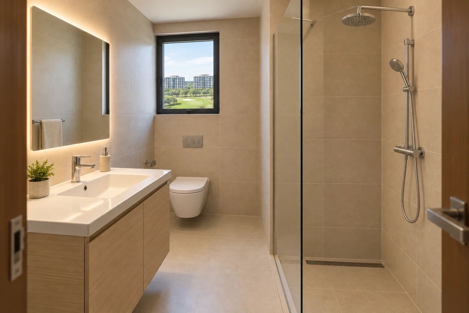Same condo bathroom with upgraded fittings, illuminated mirror and fixed glass shower screen