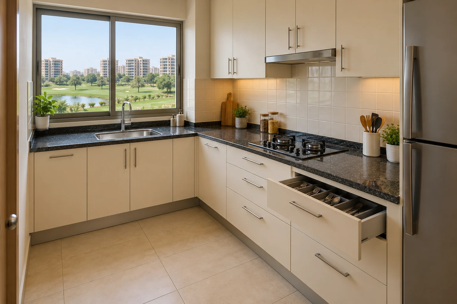 Essential compact condo kitchen overlooking golf greens, with ivory laminate shutters, granite worktop, tiled backsplash and external handles