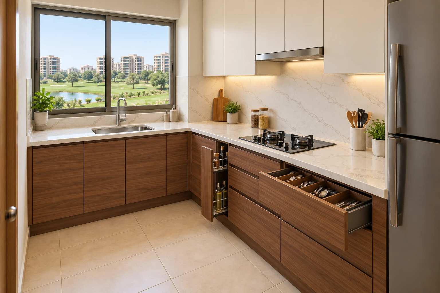 Same condo kitchen with walnut veneer lower fronts, ivory upper fronts, veined surface and an additional bottle pull-out