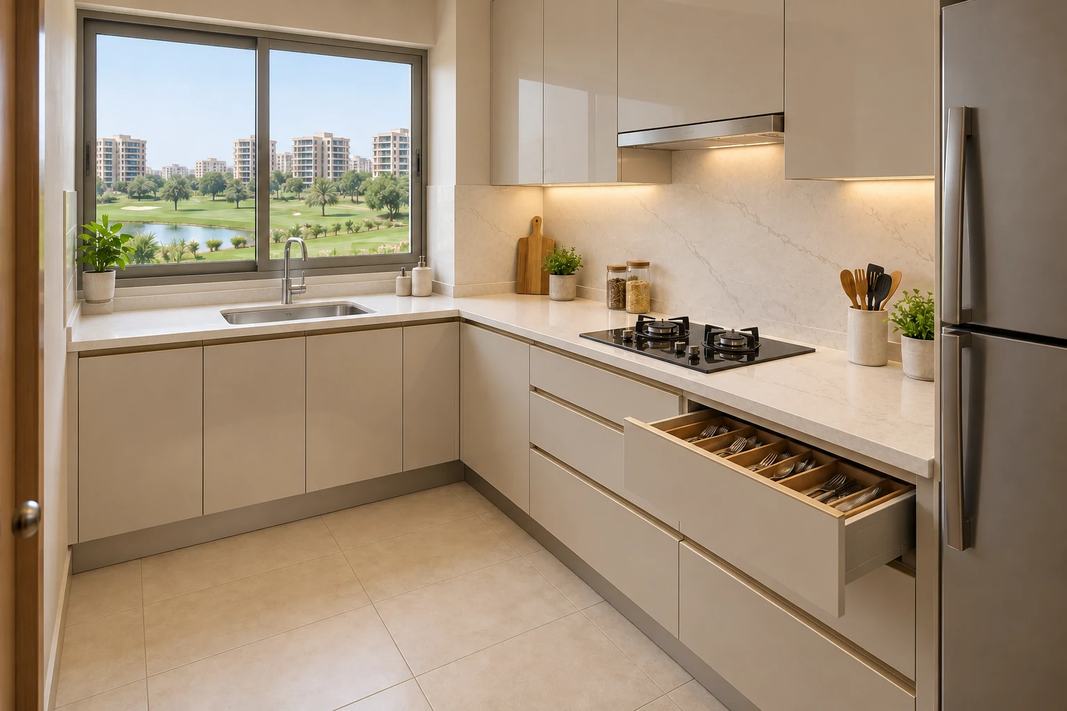 Compact condo kitchen with a window overlooking golf greens and neighbouring housing