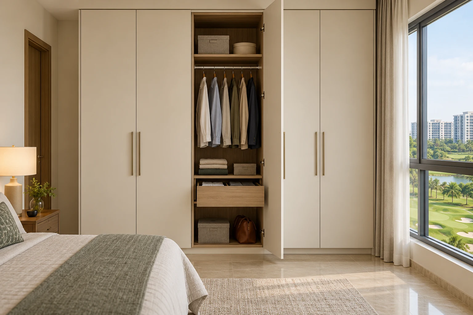Essential fitted wardrobe in a golf-community condo bedroom, with ivory hinged shutters, hanging rail, shelving and a simple internal drawer
