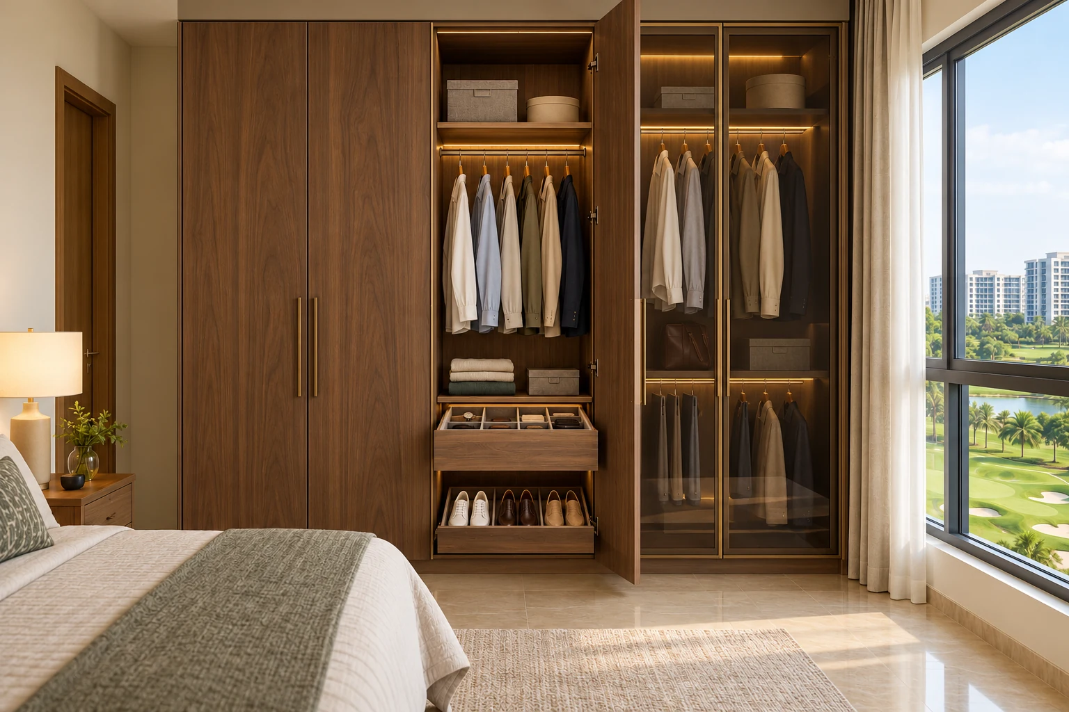 Same fitted wardrobe with walnut veneer and framed glass shutters, lit compartments, accessory tray and shoe pull-out