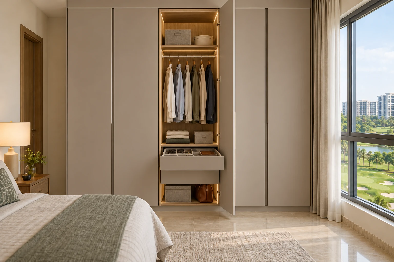Same condo bedroom wardrobe with taupe fronts, integrated profiles, an accessory drawer and internal lighting