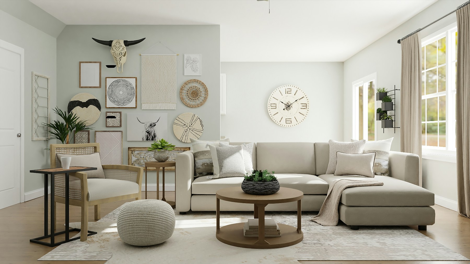 A comfortable residential interior with soft light and natural materials