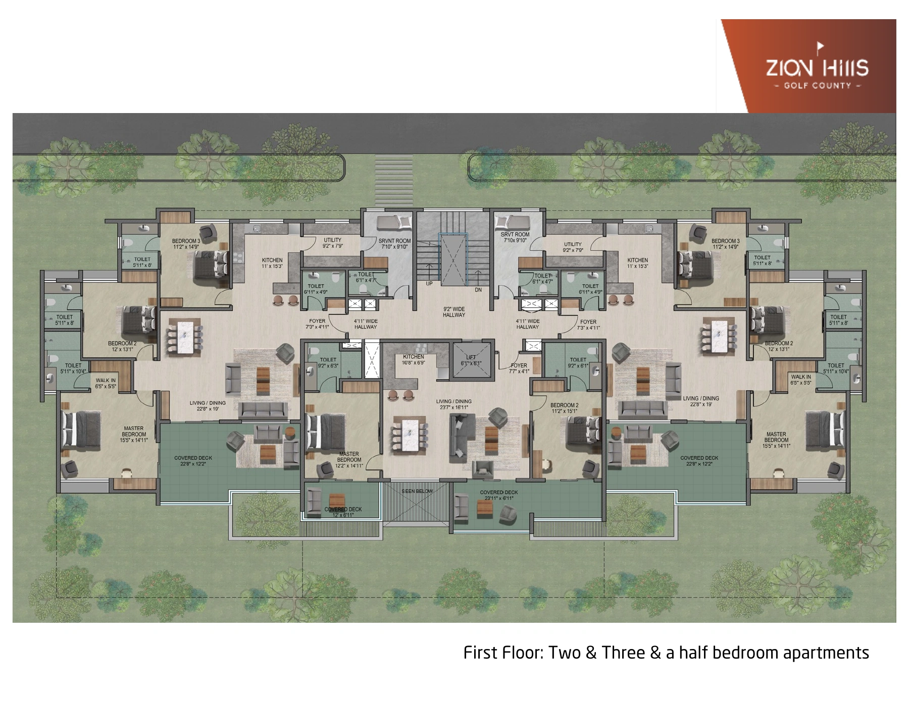 2BHK Condo, First floor floor plan. Keep the living area connected to the covered decks, with furniture and storage that respect circulation. The two-bedroom home is the centre apartment in this plan.