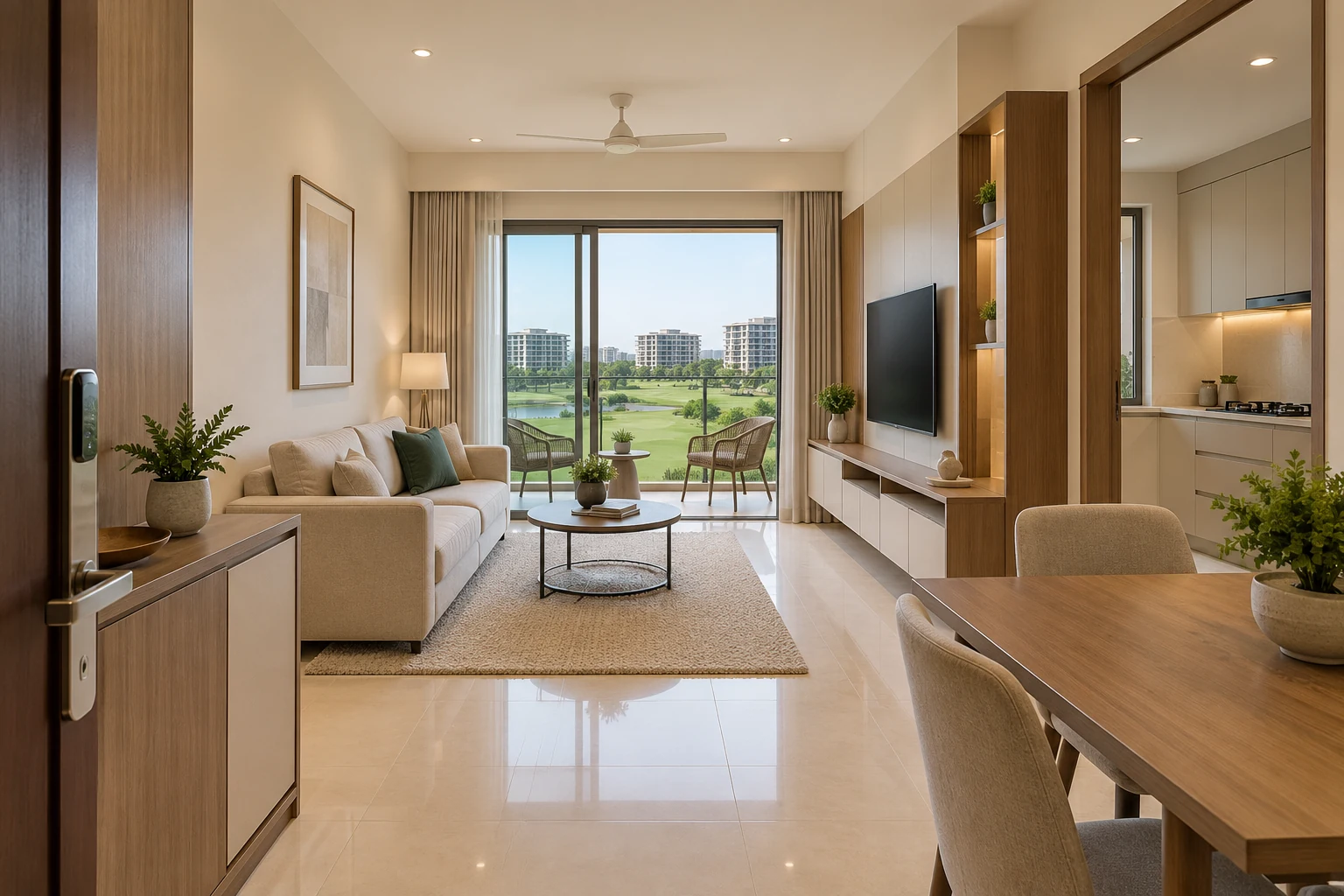 Compact golf-community condo with standard laminate joinery, simple TV wall and coordinated practical furniture