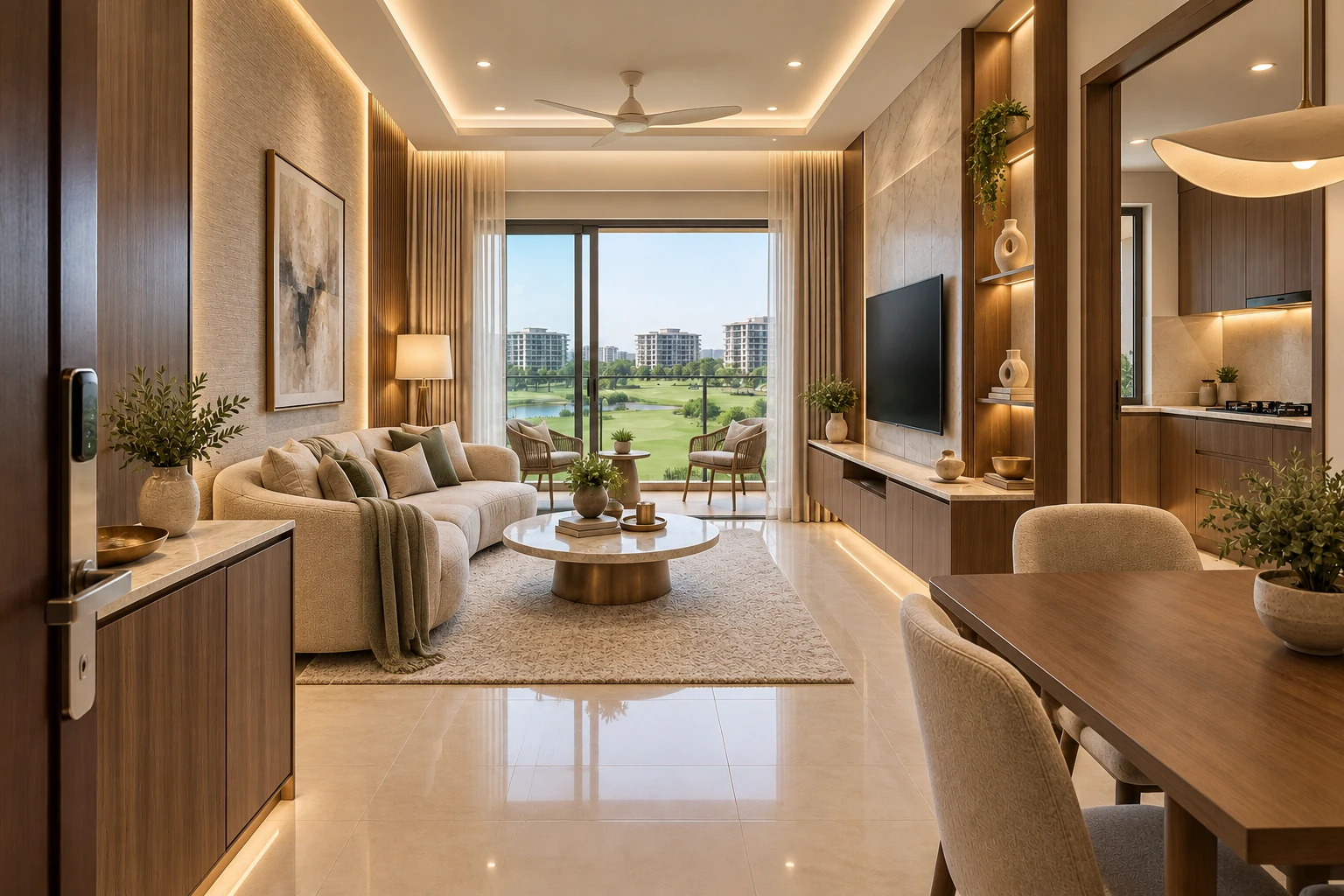 Same condo with premium veneer and stone-look feature surfaces, bespoke TV wall, detailed joinery and luxury furniture
