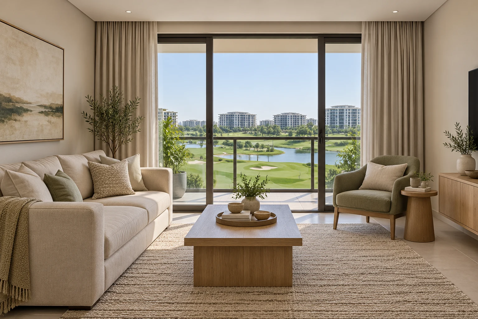 Compact condo living room with coordinated ready-made sofa, coffee table, cushions, rug and simple curtains