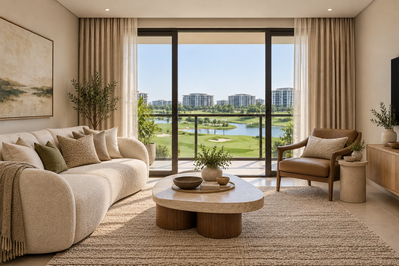 Same condo living room with luxurious furniture, individually detailed tables, rich textiles and layered drapery