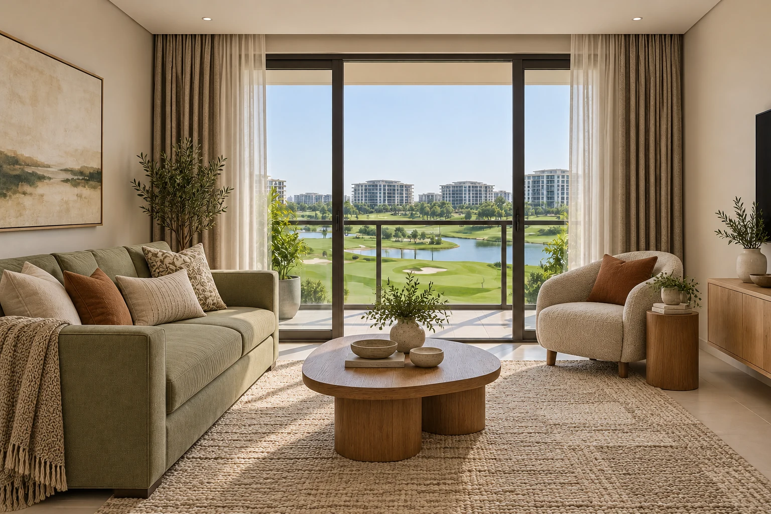 Same condo living room with curated furniture, tailored upholstery colours and layered sheer curtains