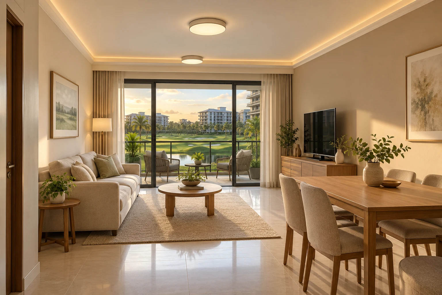 Compact condo living room with simple neutral painted walls, a plain ceiling and practical LED lighting