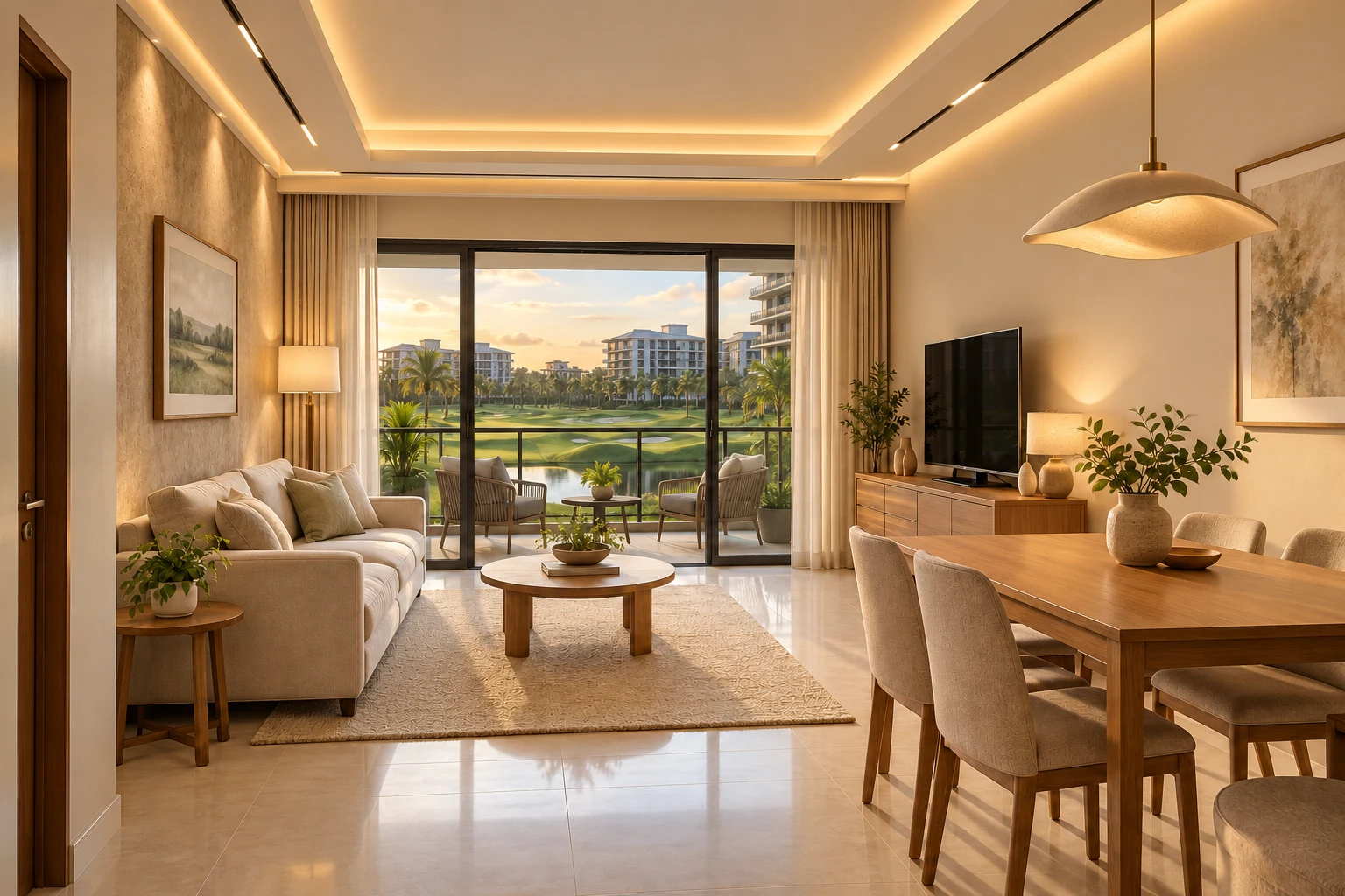 Same condo living room with a textured feature wall, designed ceiling and coordinated architectural and mood lighting