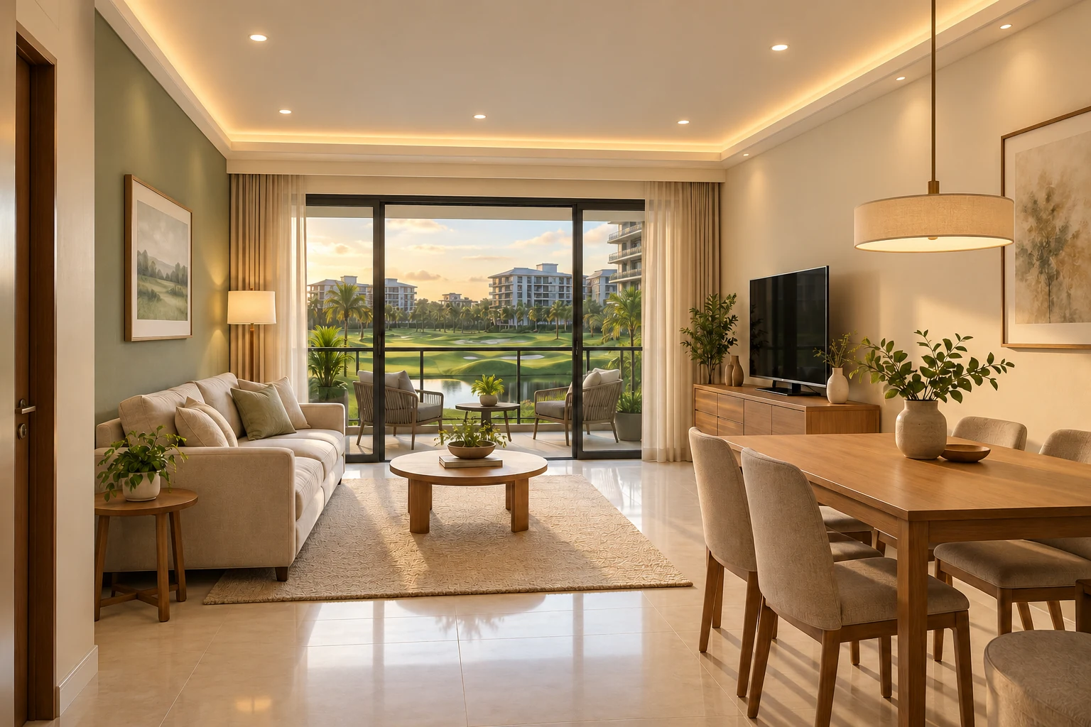 Same condo living room with a painted highlight wall, full false ceiling, cove lighting and dining pendant
