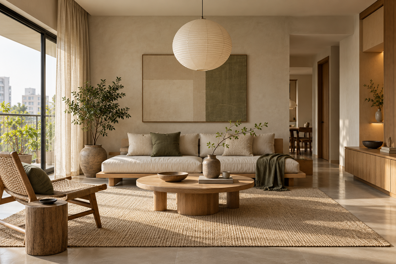 Quiet light-filled interior with natural textures and understated forms