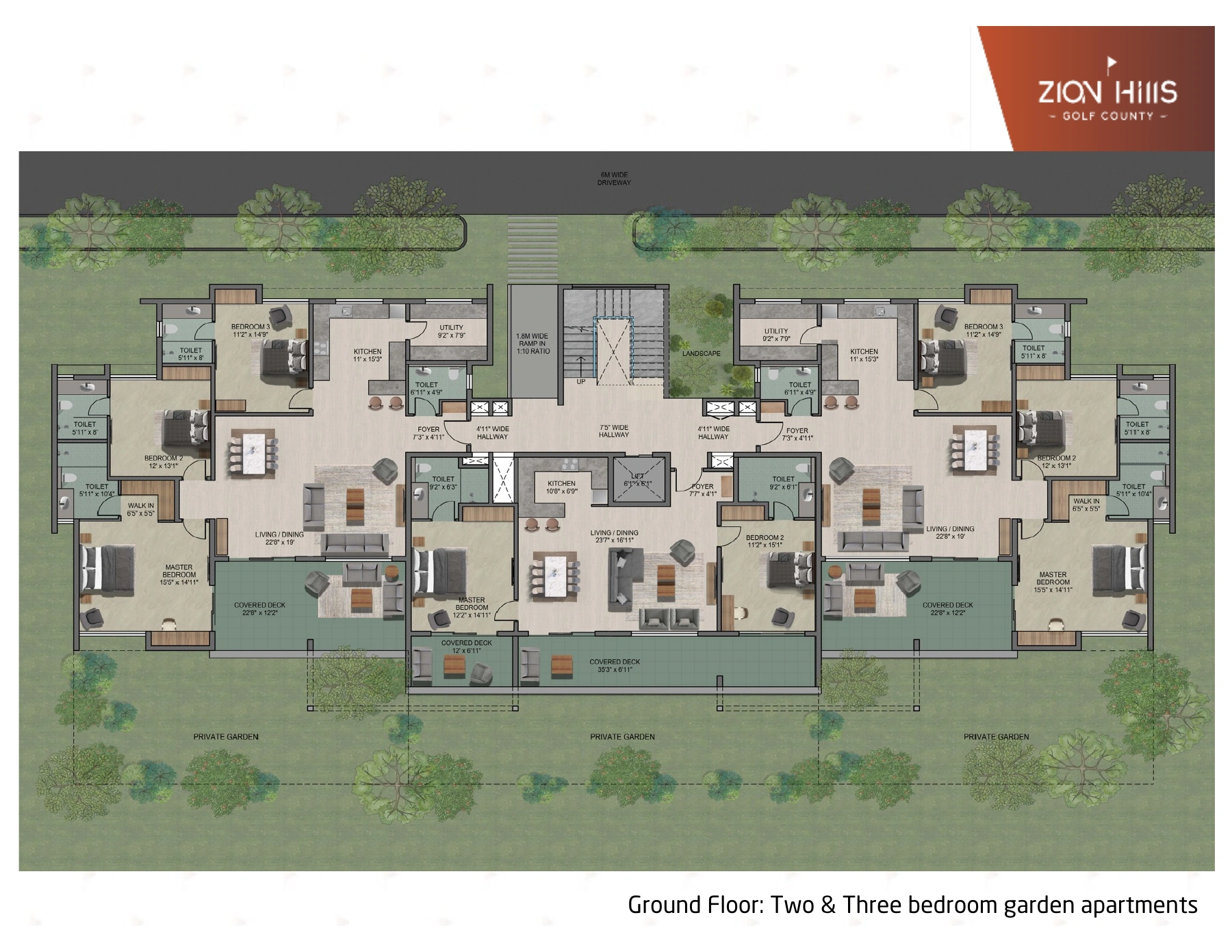 3BHK Garden Condo, Ground floor · garden floor plan. The three-bedroom homes sit on the left and right of this ground-floor plan. Living and dining open to a covered deck, with the private garden beyond.